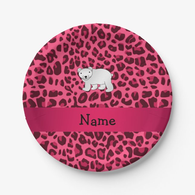 Personalized name polar bear pink leopard print paper plate (Front)