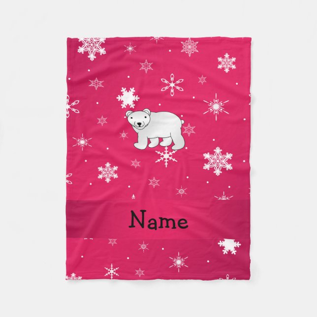 Personalized name polar bear pink snowflakes fleece blanket (Front)