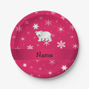 Personalized name polar bear pink snowflakes paper plate