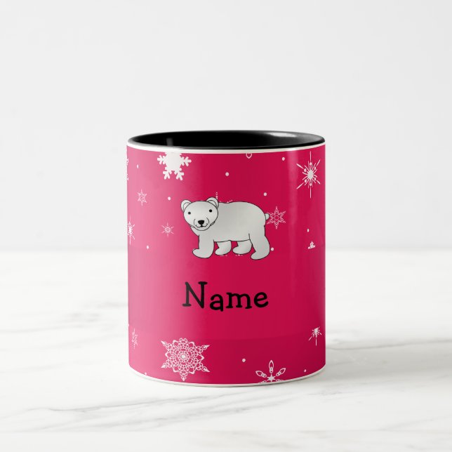 Personalized name polar bear pink snowflakes Two-Tone coffee mug (Center)