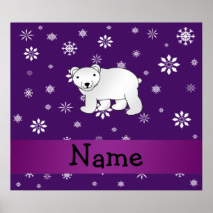 Personalized name polar bear purple snowflakes poster