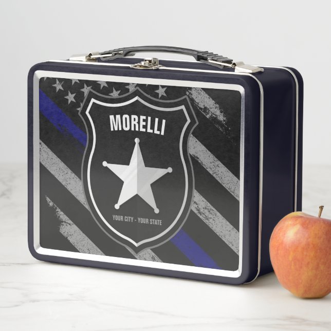 Personalized NAME Police Officer Sheriff Cop Flag Metal Lunch Box (In Situ)