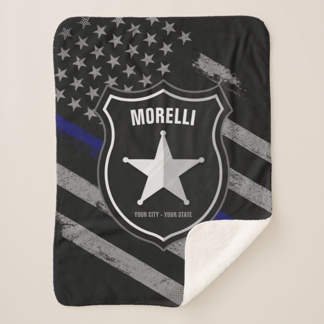 Personalized NAME Police Officer Sheriff Cop Flag Sherpa Blanket (Front)