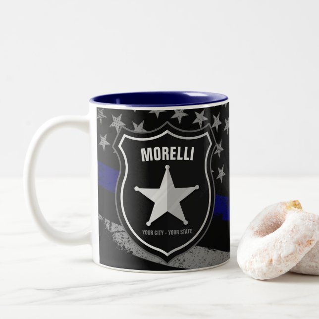 Personalized NAME Police Officer Sheriff Cop Flag Two-Tone Coffee Mug (With Donut)