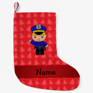 Personalized name policeman red christmas trees small christmas stocking