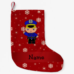 Personalized name policeman red snowflakes small christmas stocking