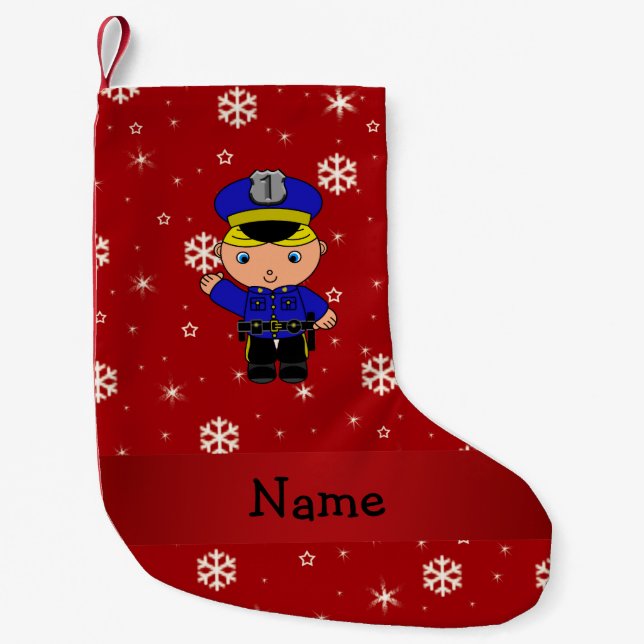 Personalized name policeman red snowflakes small christmas stocking (Front)