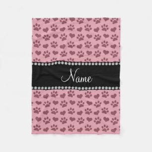 Personalized name pretty pink hearts and paw print fleece blanket