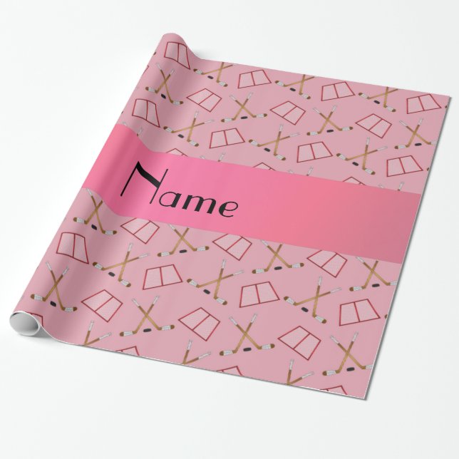Personalized name pretty pink hockey pattern wrapping paper (Unrolled)