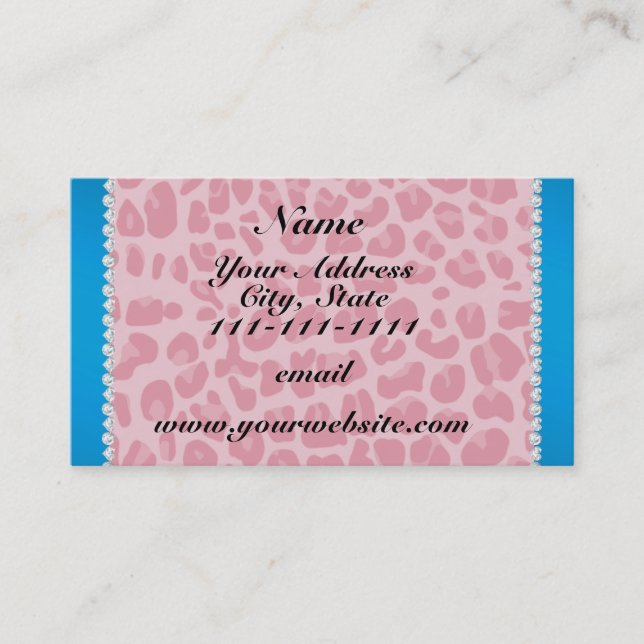 Personalized name pretty pink leopard blue stripe business card (Front)