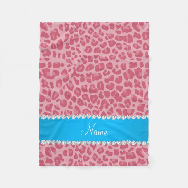 Personalized name pretty pink leopard blue stripe fleece blanket (Front)