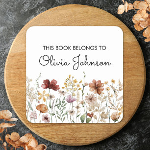 Personalized Name Pretty Wildflower Bookplate Square Sticker