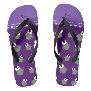 Personalized name purple baby penguins flip flops