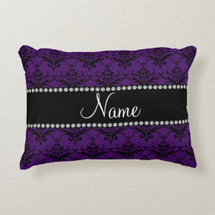 Personalized name Purple black damask Accent Pillow