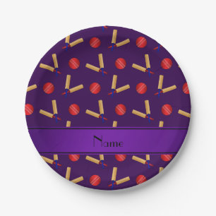 Personalized name purple cricket pattern paper plate