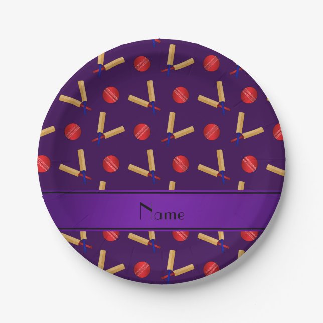 Personalized name purple cricket pattern paper plate (Front)