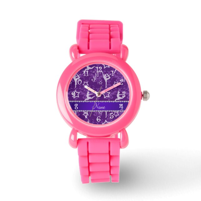 Personalized name purple damask gymnastics watch (Front)