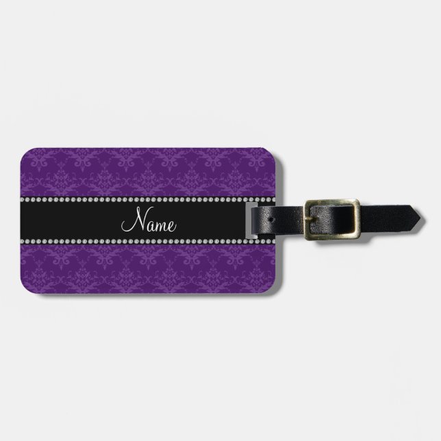 Personalized name Purple damask Luggage Tag (Front Horizontal)