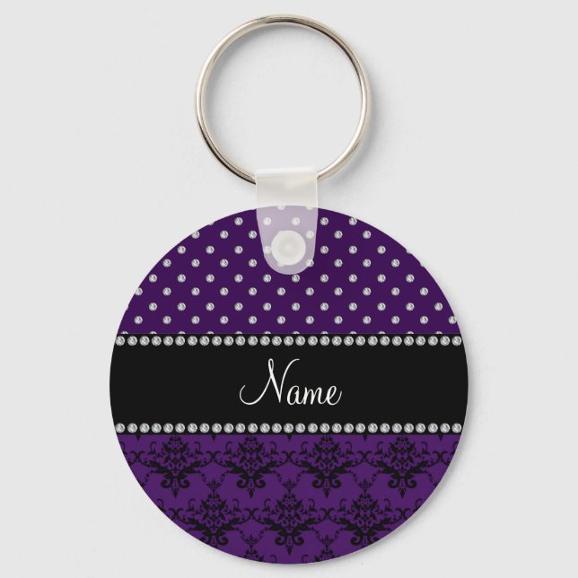Personalized name purple damask purple diamonds keychain (Front)