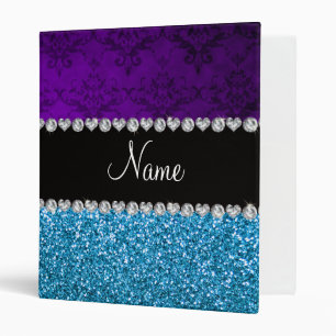 Personalized name purple damask sky blue glitter binder
