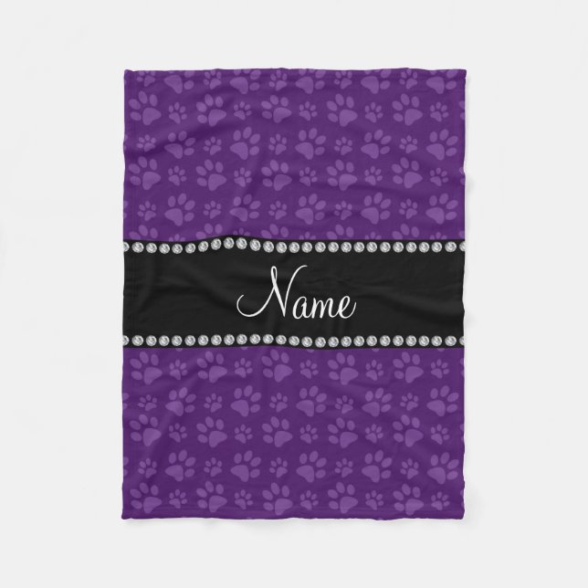 Personalized name purple dog paw prints fleece blanket (Front)