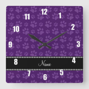 Personalized name purple dog paw prints square wall clock