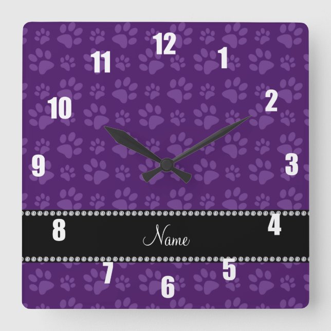 Personalized name purple dog paw prints square wall clock (Front)