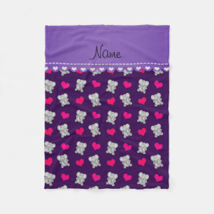Personalized name purple elephants heart pattern fleece blanket