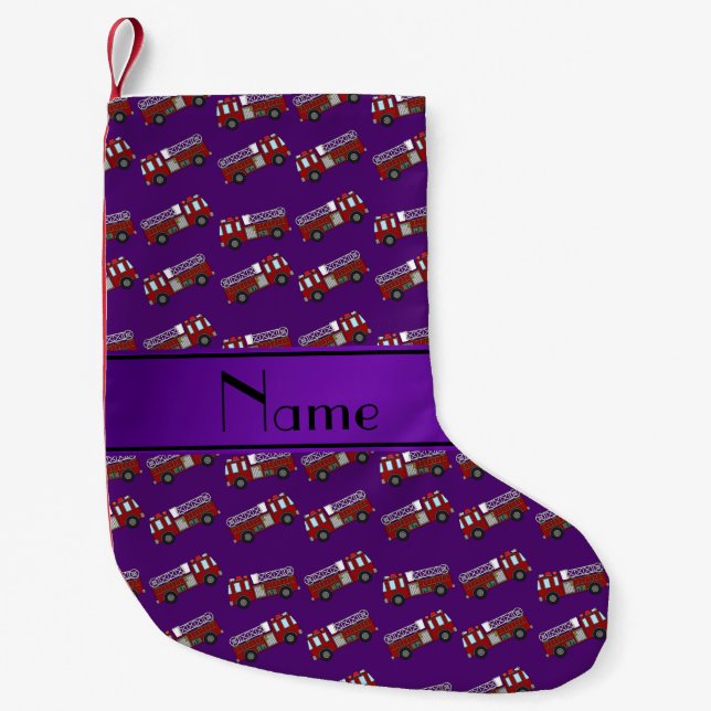 Personalized name purple firetrucks small christmas stocking (Front)