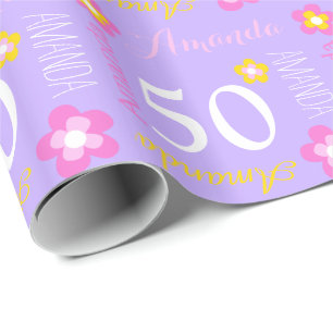 Personalized name purple flowers 50 birthday wrap wrapping paper