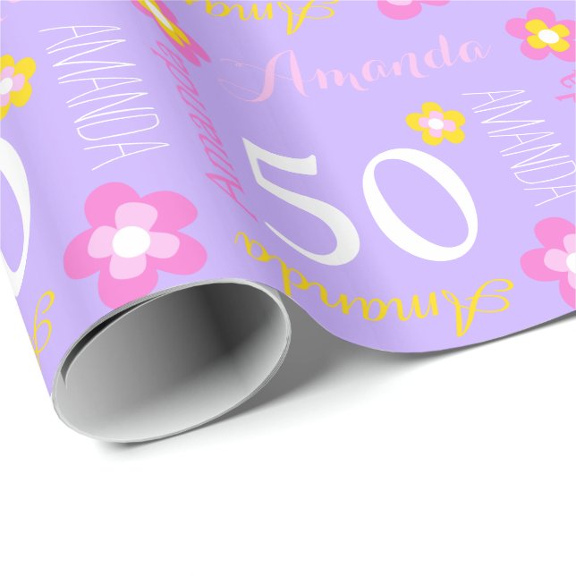 Personalized name purple flowers 50 birthday wrap wrapping paper (Roll Corner)