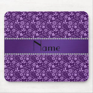 Personalized name purple flowers leaves mouse pad