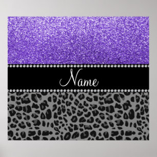 Personalized name purple glitter black leopard poster