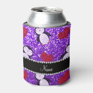 Personalized name purple glitter penguins hearts can cooler