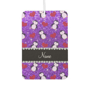 Personalized name purple glitter penguins hearts car air freshener