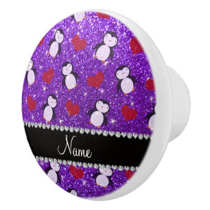 Personalized name purple glitter penguins hearts ceramic knob