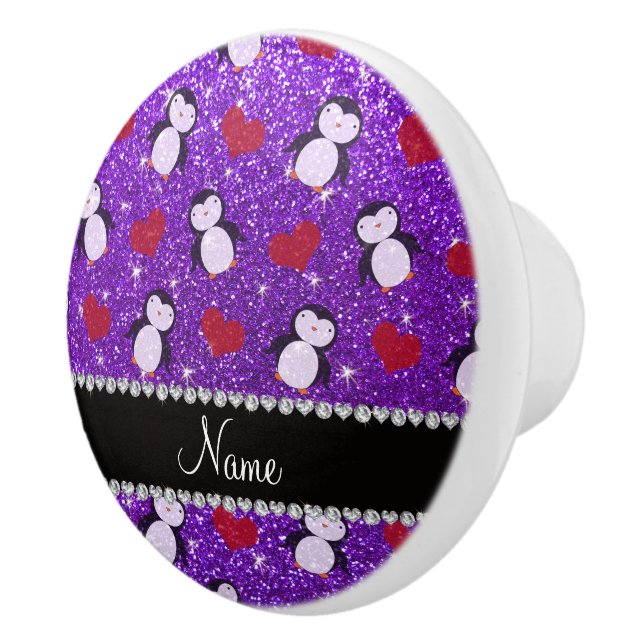 Personalized name purple glitter penguins hearts ceramic knob (Right)