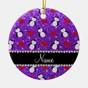 Personalized name purple glitter penguins hearts ceramic ornament