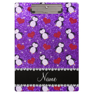 Personalized name purple glitter penguins hearts clipboard
