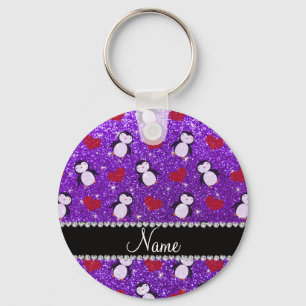 Personalized name purple glitter penguins hearts keychain