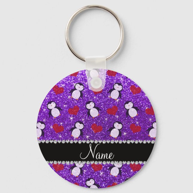 Personalized name purple glitter penguins hearts keychain (Front)