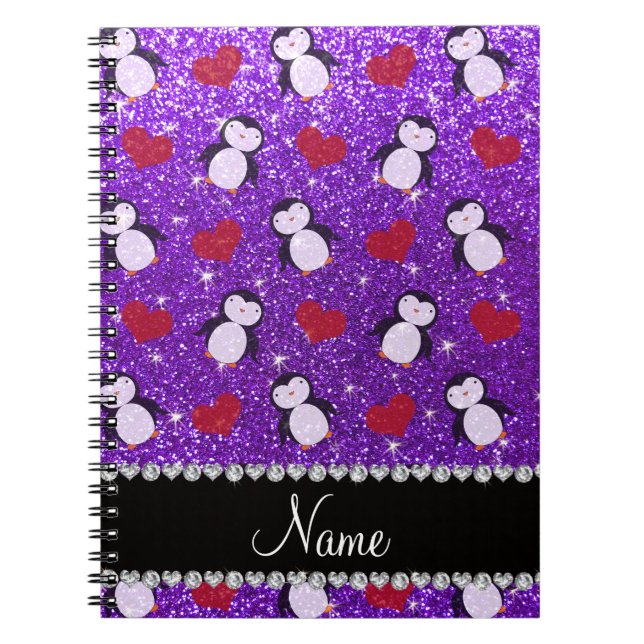 Personalized name purple glitter penguins hearts notebook (Front)