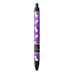 Personalized name purple glitter penguins igloos black ink pen