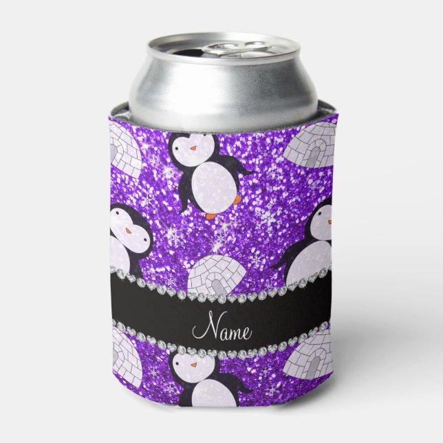 Personalized name purple glitter penguins igloos can cooler (Can Front)