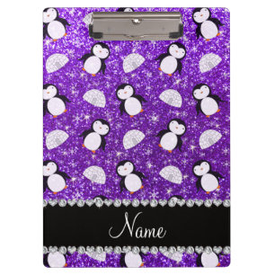 Personalized name purple glitter penguins igloos clipboard