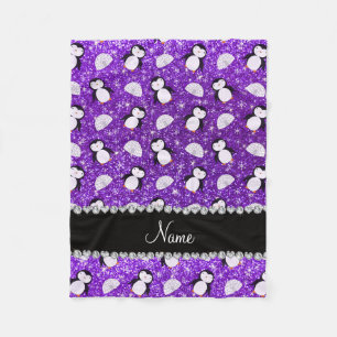 Personalized name purple glitter penguins igloos fleece blanket