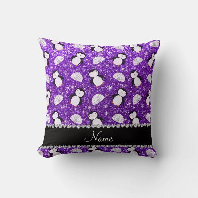 Personalized name purple glitter penguins igloos throw pillow (Front)