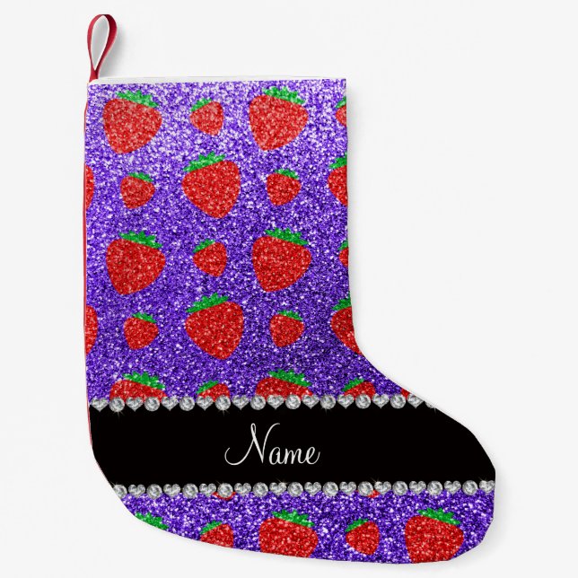 Personalized name purple glitter strawberry small christmas stocking (Front)