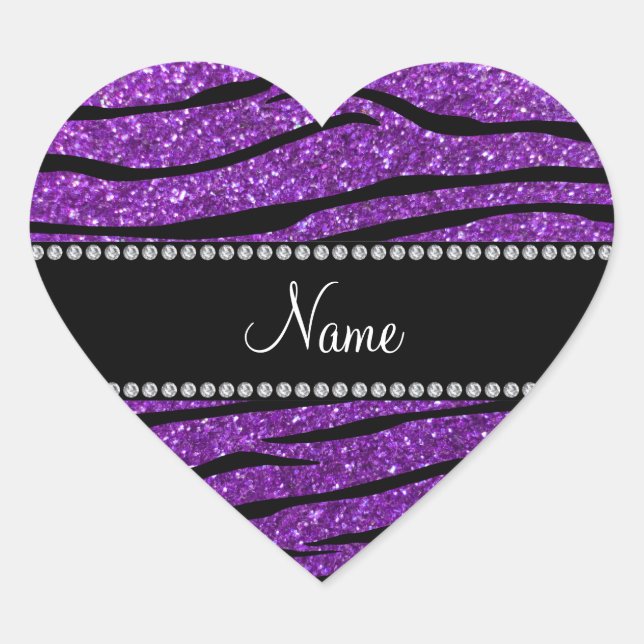 Personalized name purple glitter zebra stripes heart sticker (Front)