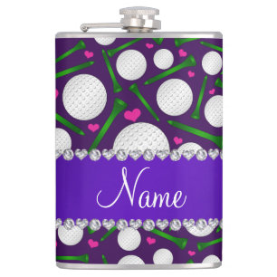 Personalized name purple golf balls tees hearts hip flask
